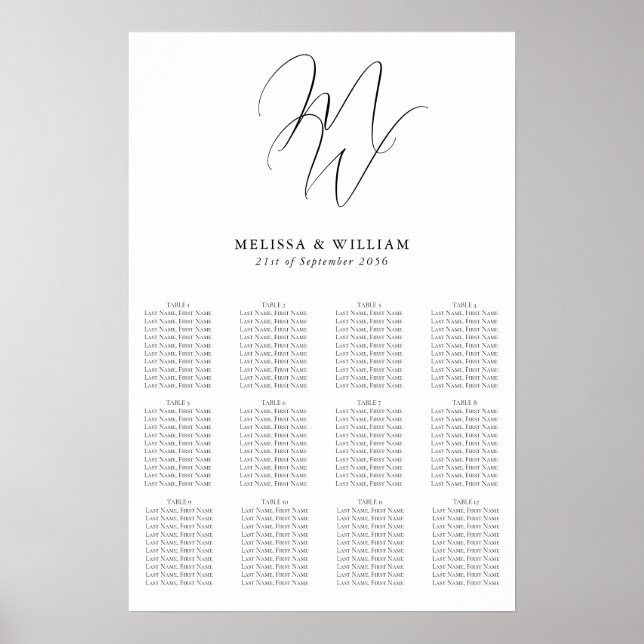 Chic Monogram Modern säten Black & White Bröllop Poster (Framsidan)