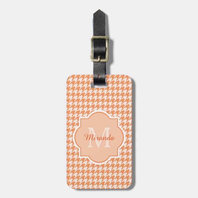 Chic Monogram orange Houndstooth med namn Bagagebricka (Vertikal Framsida)