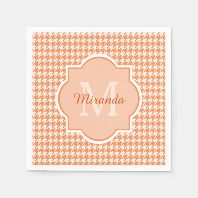 Chic Monogram Orange Houndstooth med Namn Pappersservett (Framsidan)