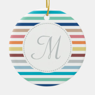 Chic Monogram Pastel Rainbow Vågrät Rand Julgransprydnad Keramik
