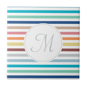 Chic Monogram Pastel Rainbow Vågrät Rand Kakelplatta