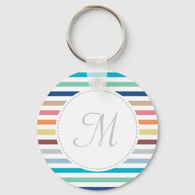 Chic Monogram Pastel Rainbow Vågrät Rand Nyckelring (Framsida)