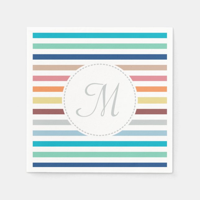 Chic Monogram Pastel Rainbow Vågrät Rand Pappersservett (Framsidan)