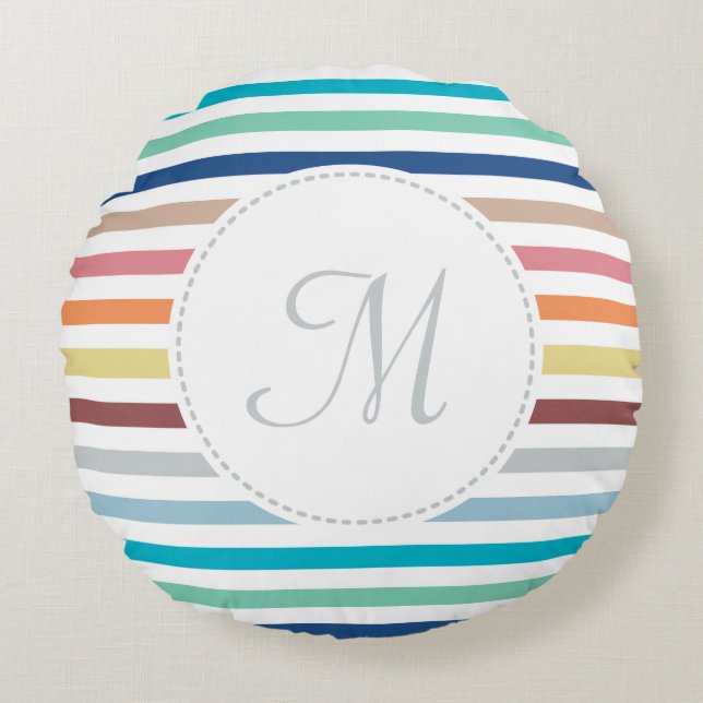 Chic Monogram Pastel Rainbow Vågrät Rand Rund Kudde (Framsidan)