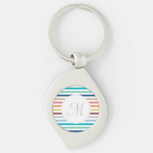 Chic Monogram Pastel Rainbow Vågrät Rand Swirl Silverfärgad Nyckelring
