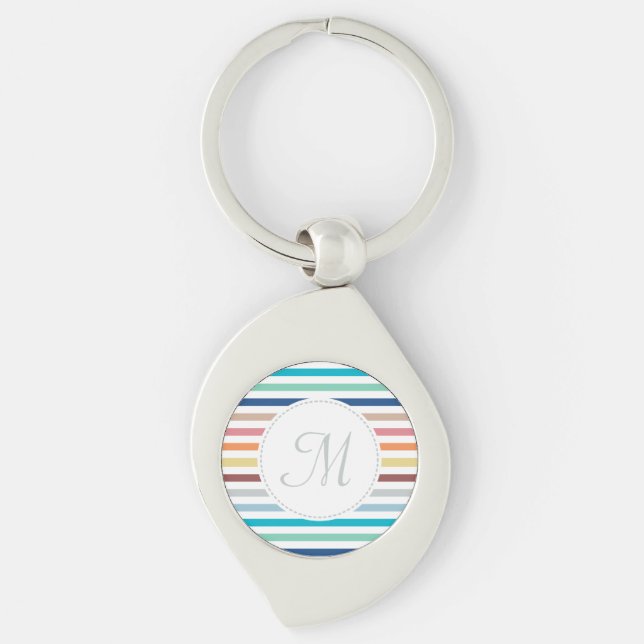 Chic Monogram Pastel Rainbow Vågrät Rand Swirl Silverfärgad Nyckelring (Framsidan)