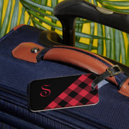 Chic Monogram Red Black Buffalo Check Geometric Bagagebricka