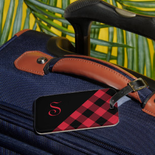 Chic Monogram Red Black Buffalo Check Geometric Bagagebricka