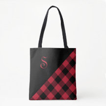 Chic Monogram Red Black Buffalo Check Geometric