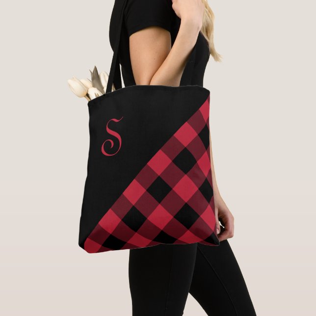 Chic Monogram Red Black Buffalo Check Geometric Tygkasse (Närbild)