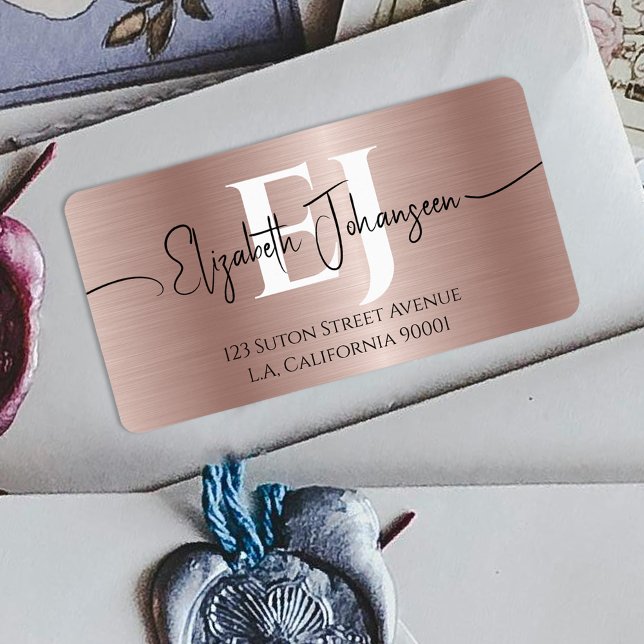 Chic Monogram, Ro, Brushed Metall, Namn Monogram Adressetikett (Skapare uppladdad)