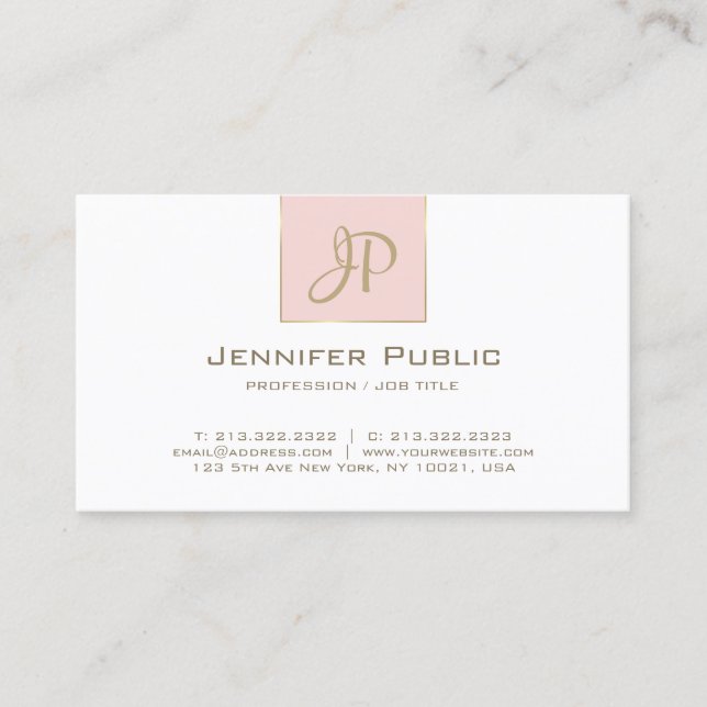 Chic Monogram Rosa Guld White Clean Plain Trendig Visitkort (Framsida)
