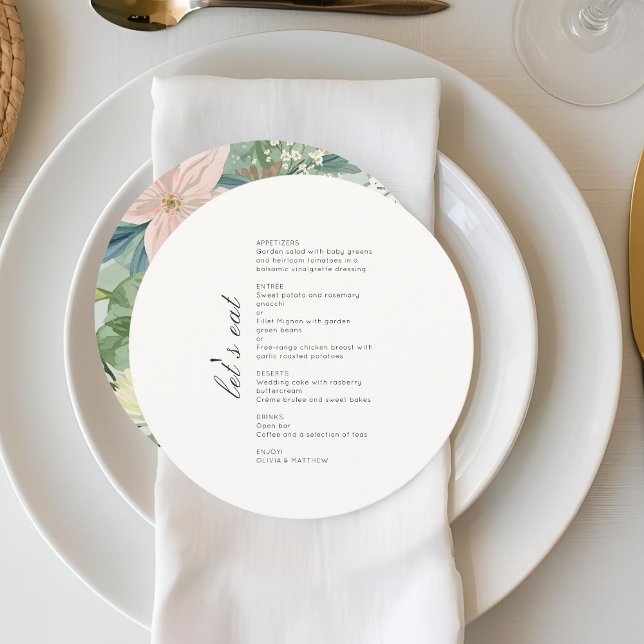 Chic Monogram Round Wedding Floral Menu Flat Card (Skapare uppladdad)