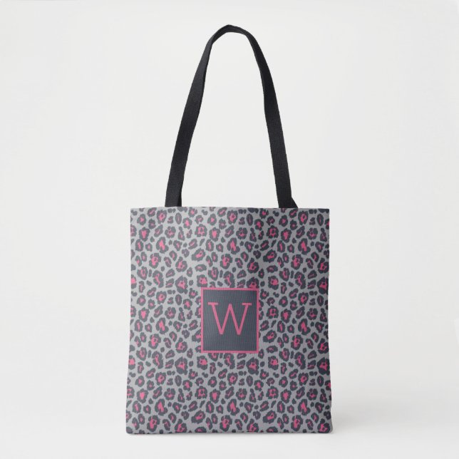 Chic Monogram Shock rosa Grått Leopard Skriv ut Mö Tygkasse (Framsida)
