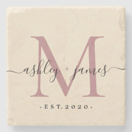 Chic Monogram Skript Namn Bröllopsdatum Elfenbensf Stenunderlägg