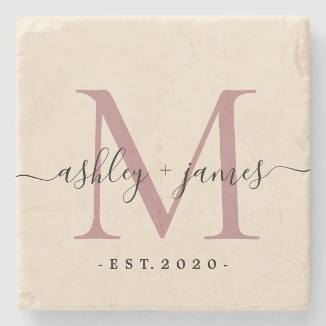 Chic Monogram Skript Namn Bröllopsdatum Elfenbensf Stenunderlägg (Framsidan)