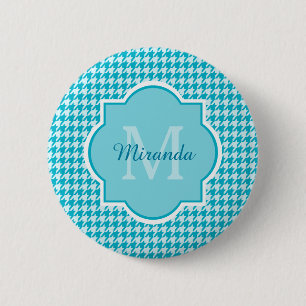 Chic Monogram turkos Houndstooth med Namn Knapp