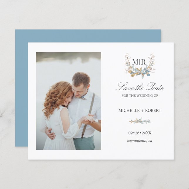 Chic Monogram Vapensköld Photo Bröllop spara datum (Fram/baksida)