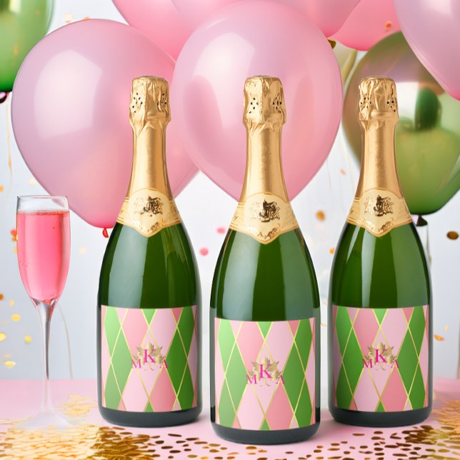 Chic Monogrammad Rosa och Grönt (Chic Monogrammed Pink and Green Wine and Beverage Labels)
