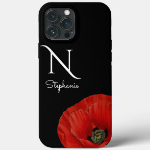 Chic Monogrammed Red Poppy on Black