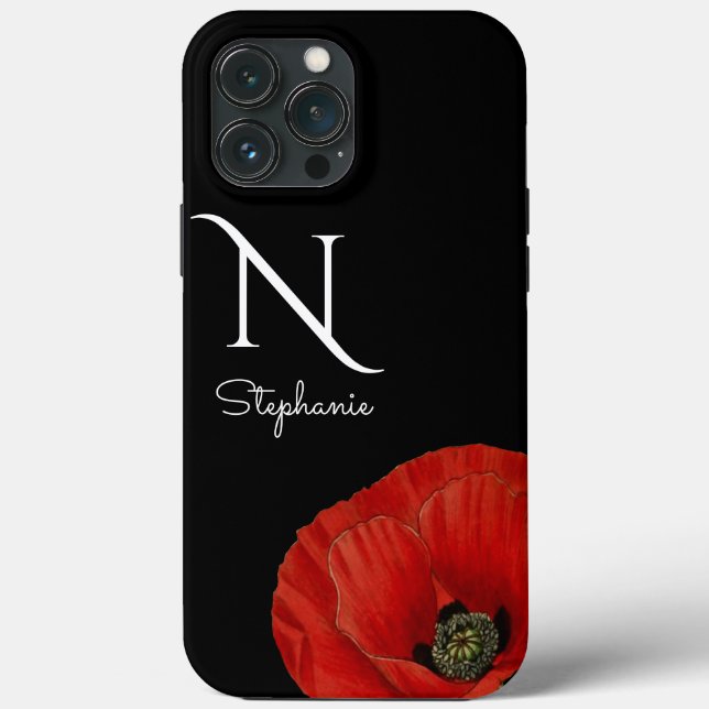 Chic Monogrammed Red Poppy on Black (Baksida)