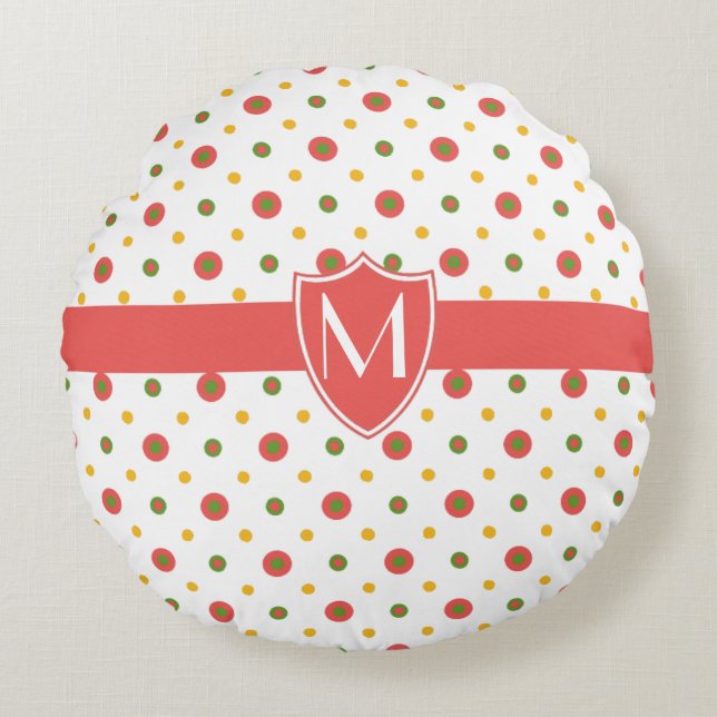 Chic Monogrammed Red White Polkas Round Pillow Rund Kudde (Framsidan)