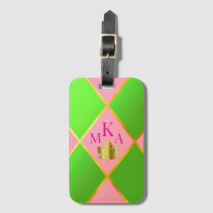 Chic Monogrammed Rosa och Grönt Argyle Bagagebricka