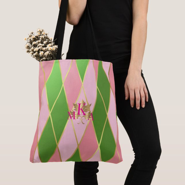 Chic Monogrammed Rosa och Grönt Argyle Tygkasse (Närbild)
