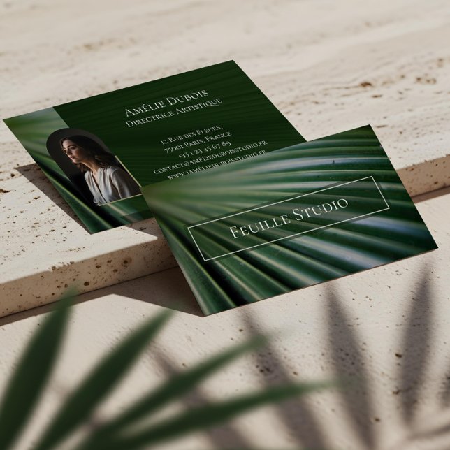Chic Moody Elegant Palm Leaf Luxury Feminine Photo Visitkort (Chic Moody Elegant Palm Leaf Luxury Feminine Photo Business Card)