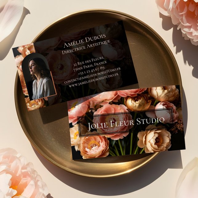Chic Moody Elegant Peony Luxury Feminine Photo Visitkort (Chic Moody Elegant Peony Luxury Feminine Photo Business Card)