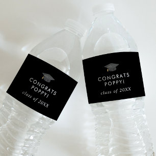 Chic Mörk Black Gratulerar Grad Cap Namn Studenten Vattenflaska Etikett