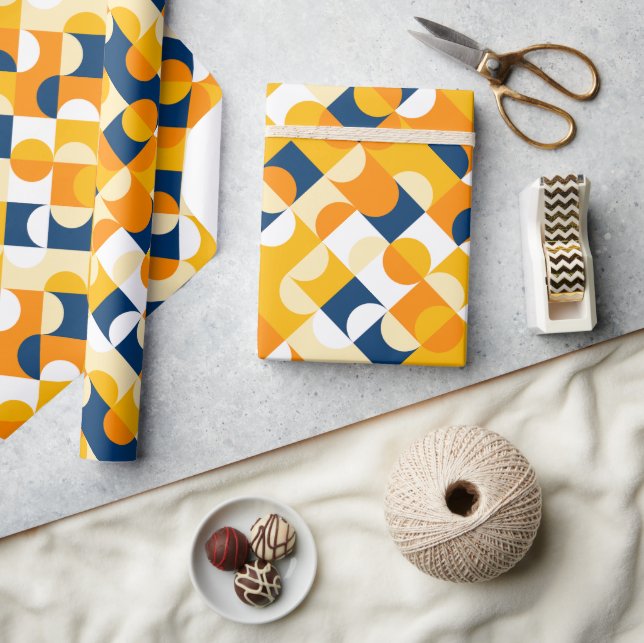 Chic Mörk blått Sunny Gult Circles Art Mönster Presentpapper (Hantverk)