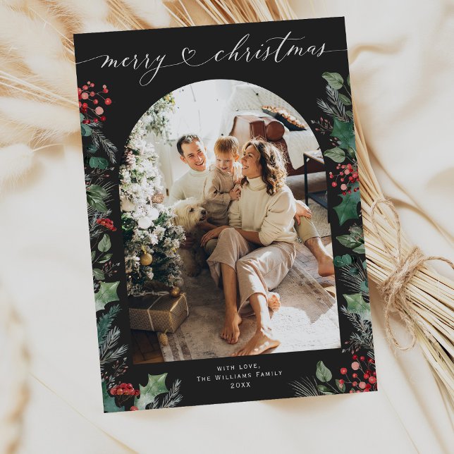 Chic Mörk Foliage Arch 1 Photo Family Jul Julkort (Skapare uppladdad)