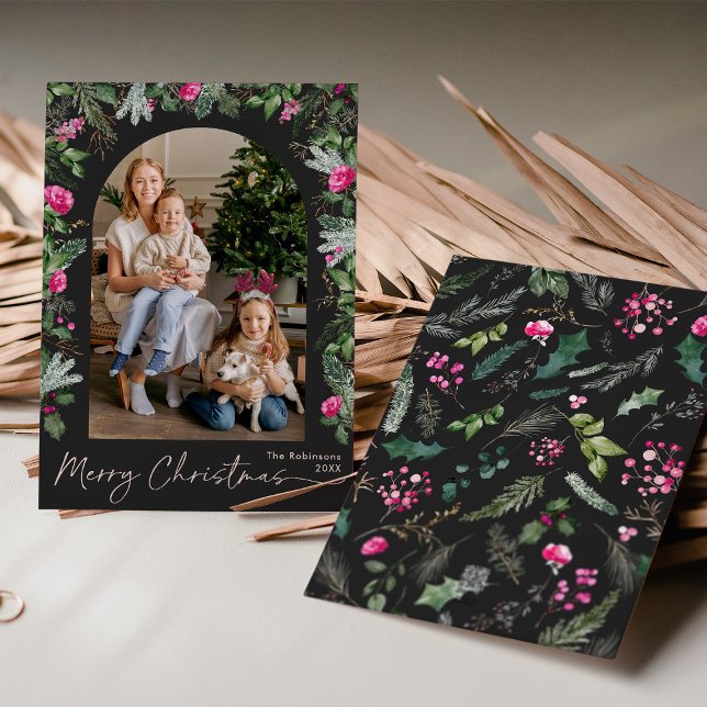 Chic Mörk Grått & Bright Rosa Greenery Arch 1 Phot Julkort (Skapare uppladdad)
