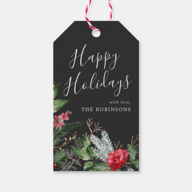 Chic Mörk Grått Winter Botanical Lycklig Helgdag Presentetikett (Framsidan)