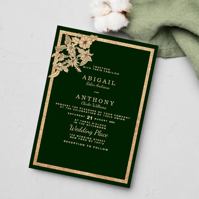 Chic mörk grönt guld glitter blommigt Bröllop Inbjudningar (Chic dark forest green gold glitterChic dark forest green gold glitter fl floral Wedding Invitation )