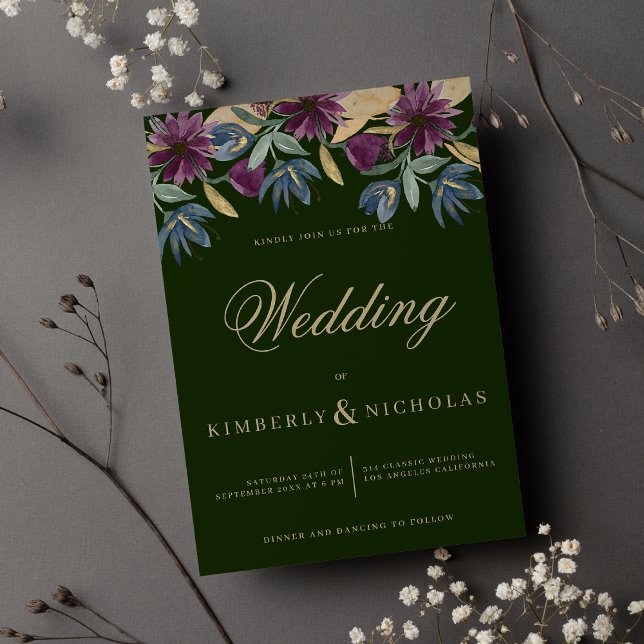 Chic mörk grönt marinen guld blommigt bröllop inbjudningar (Chic dark green navy blue gold floral wedding)