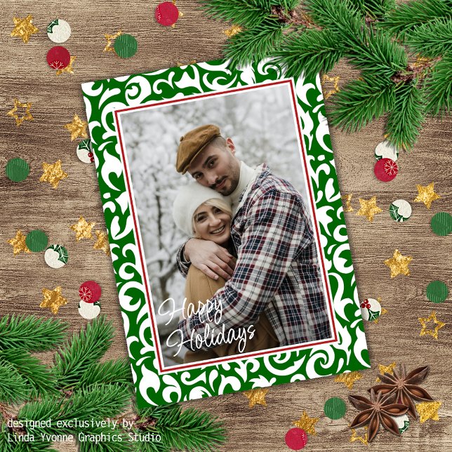 Chic Mörk grönt White Damask Blommigt Art Mönster Kort (Skapare uppladdad)