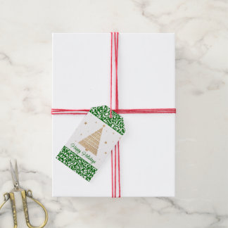 Chic Mörk grönt White Damask Blommigt Art Mönster Presentetikett