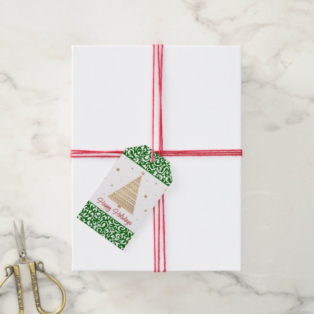 Chic Mörk grönt White Damask Blommigt Art Mönster Presentetikett (Med Snöre)