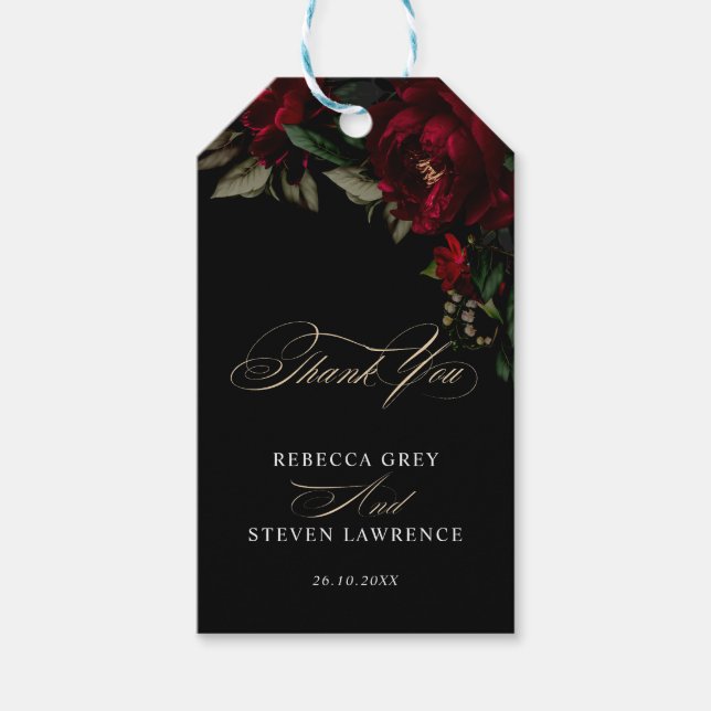 Chic mörk guthärd grönt röd blommigt moody bröllop presentetikett (Framsidan)