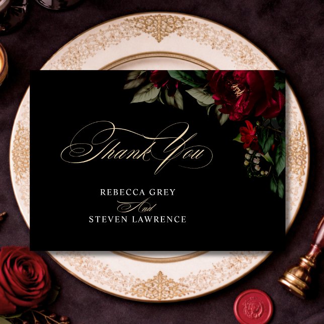 Chic mörk guthärd grönt röd blommigt moody bröllop tack kort (Skapare uppladdad)