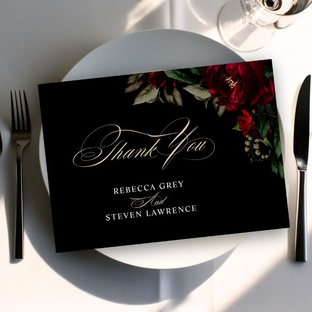 Chic mörk guthärd grönt röd blommigt moody bröllop tack kort (Skapare uppladdad)