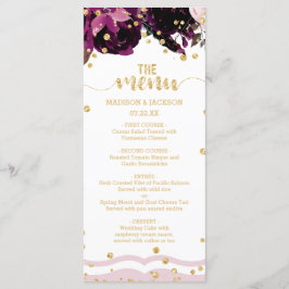 Chic Mörk Lila Blommigt Guld Confetti Bröllop Menu Meny