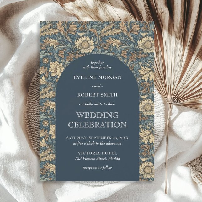 Chic mörk pastellblå elfenben blommigt Art nouveau Inbjudningar (Chic dark pastel blue ivory floral Art Nouveau Invitation)