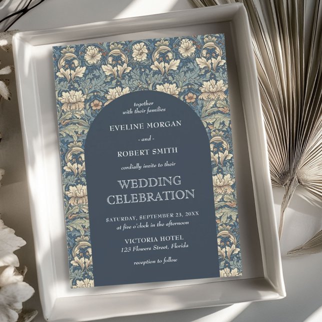 Chic mörk pastellblå elfenben blommigt Art nouveau Inbjudningar (Chic dark pastel blue ivory floral Art Nouveau Invitation)