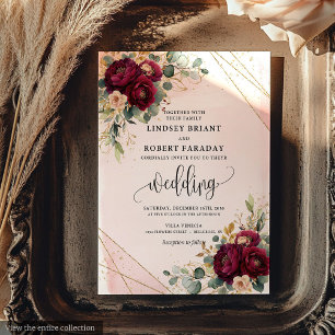 Chic Mörk Red Guld Flowers Rustic Bröllop Inbjudningar