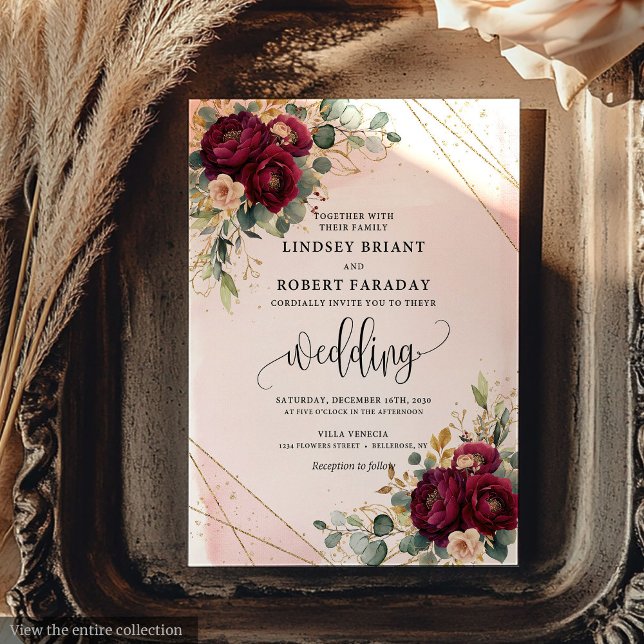 Chic Mörk Red Guld  Flowers Rustic Bröllop Inbjudningar (Chic Dark Red Gold Blush Flowers Rustic Wedding Invitation)