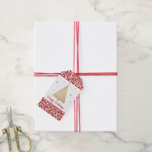 Chic Mörk Red White Damask Blommigt Art Mönster Presentetikett (Med Snöre)