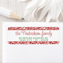 Chic Mörk Red White Damask Blommigt Art Mönster Returadress Etikett